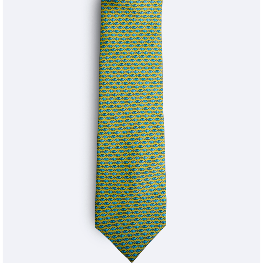 Corbata de seda amarilla y azul con peces