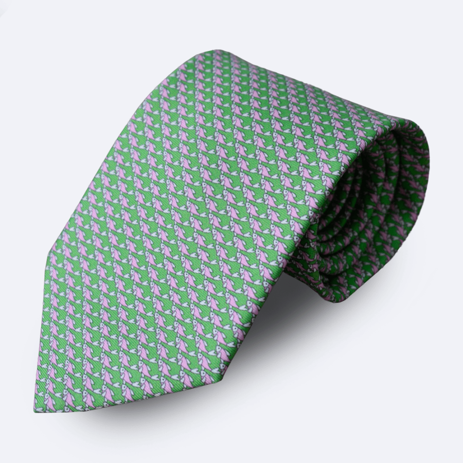 Corbata de seda verde y rosa con peces