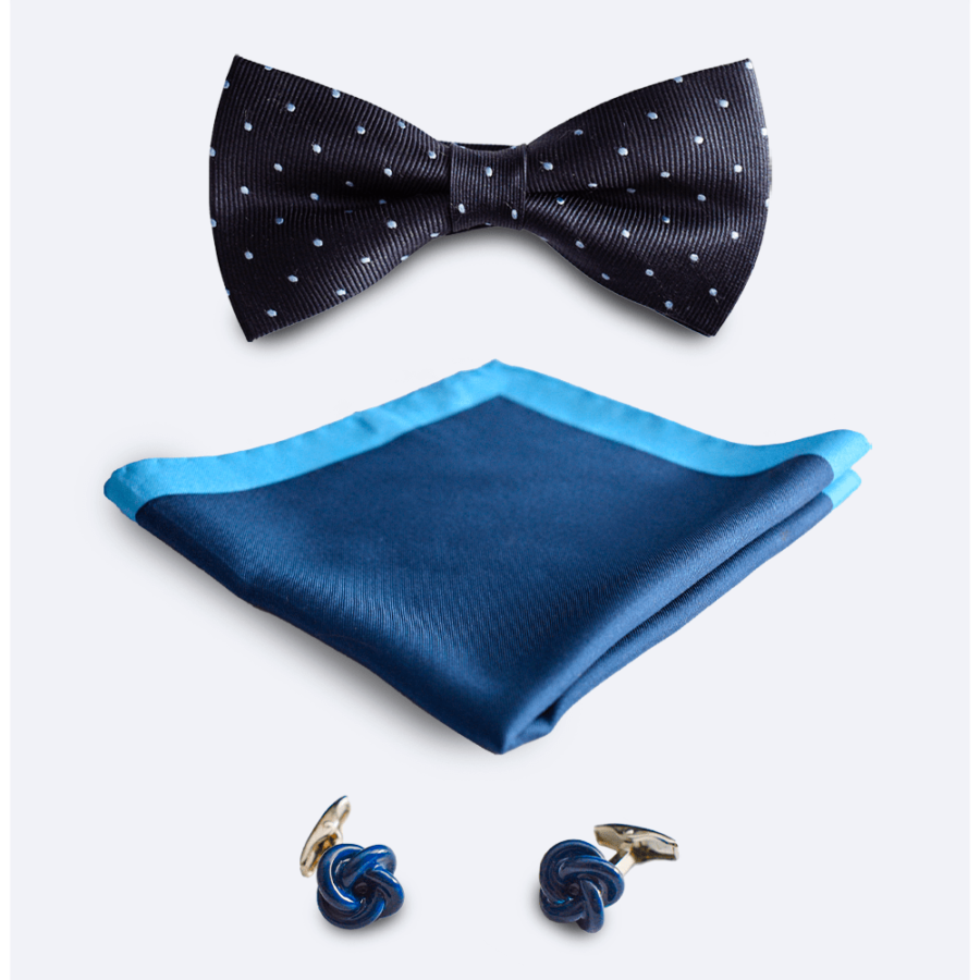Set de pajarita, pañuelo y gemelos azul oscuro y azul marino