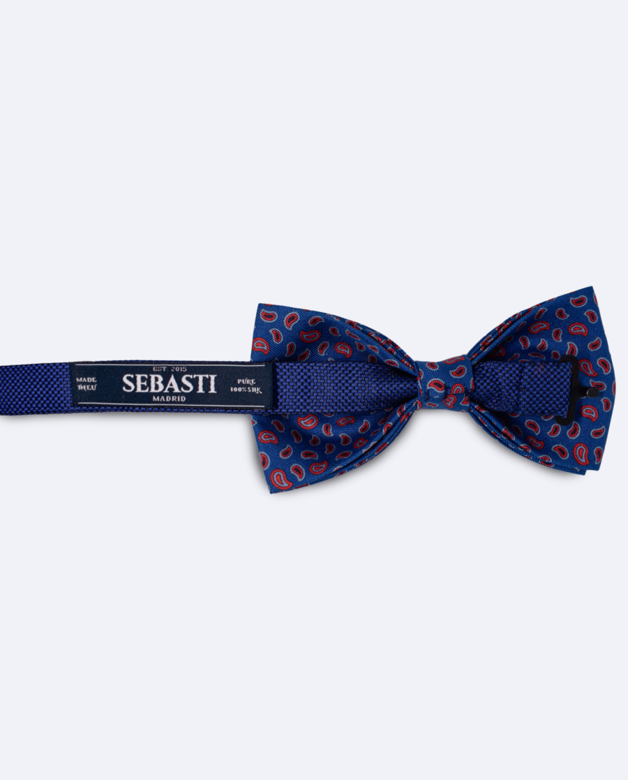 Pajarita azul con paisley rosa de seda, vista trasera