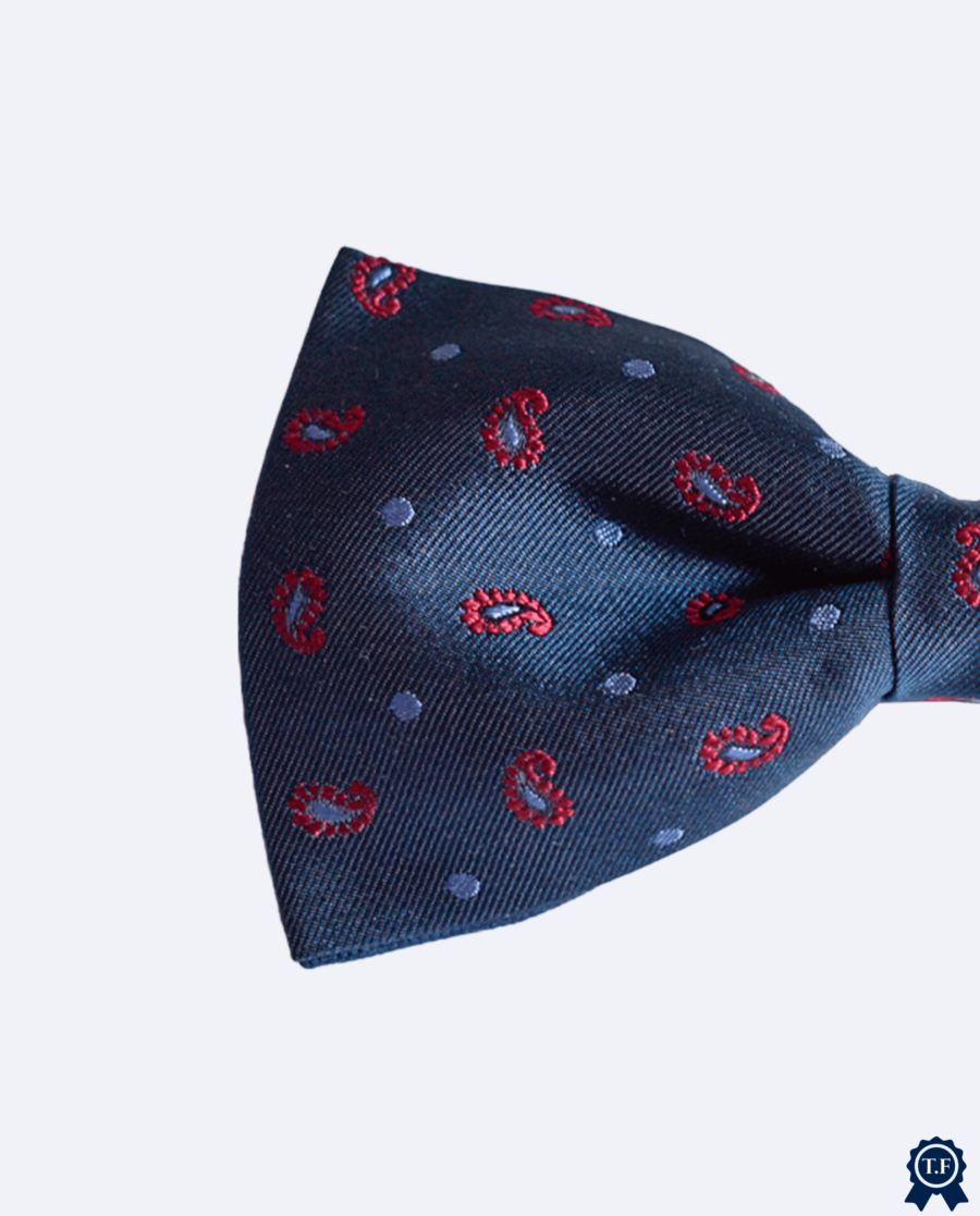 Pajarita azul marino con paisley rojo de seda
