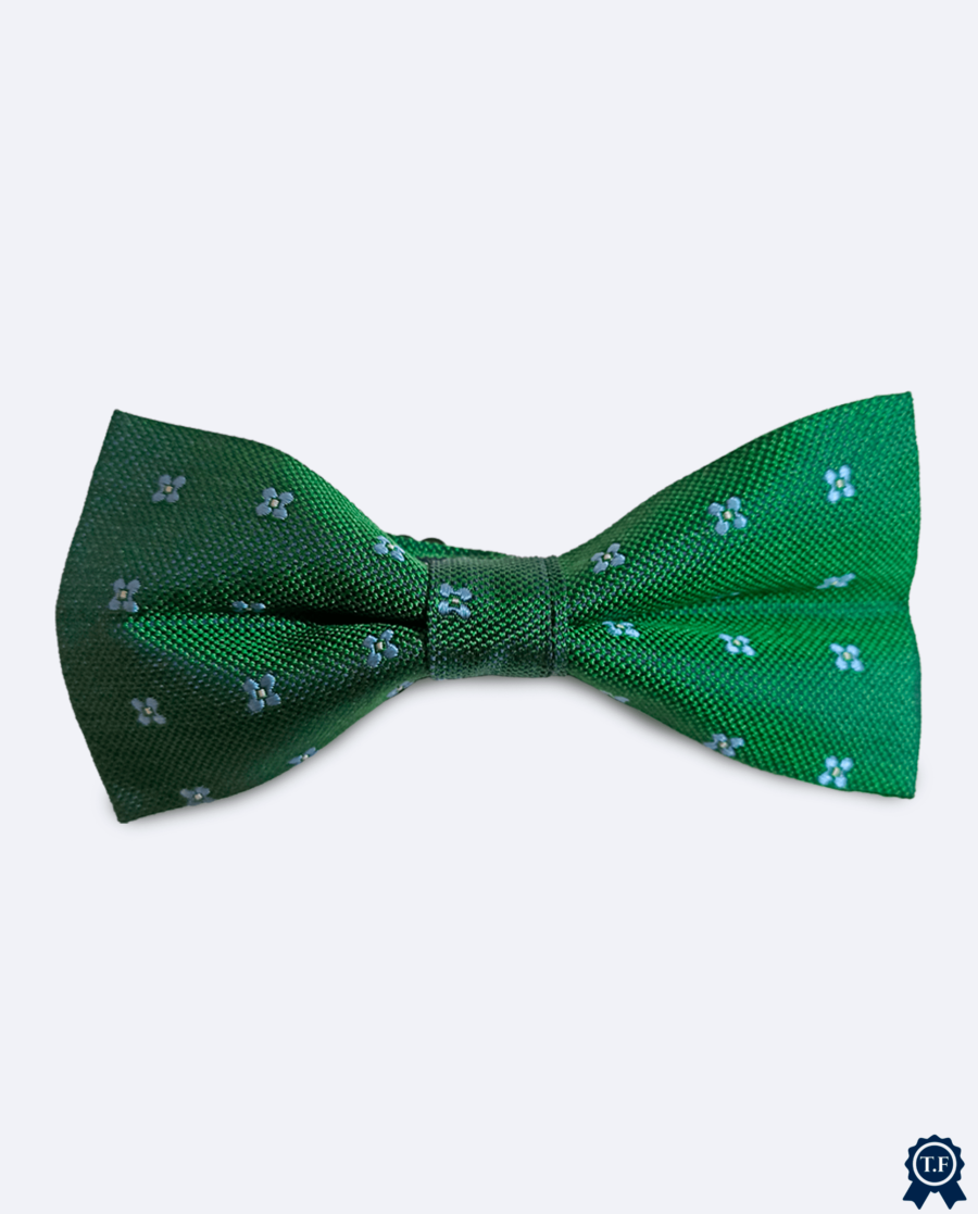 Pajarita verde con flores azules de seda