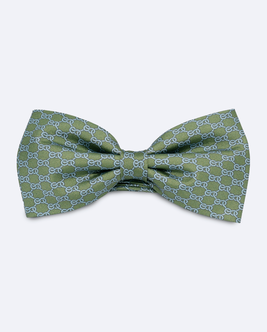 Pajarita verde oliva con cadenas azules de seda