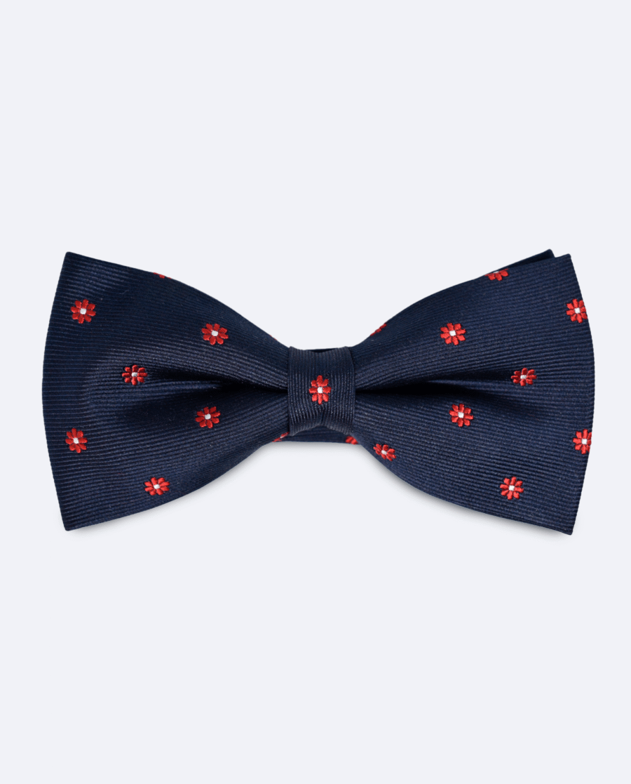 Pajarita azul marino con flores rojas de seda jacquard