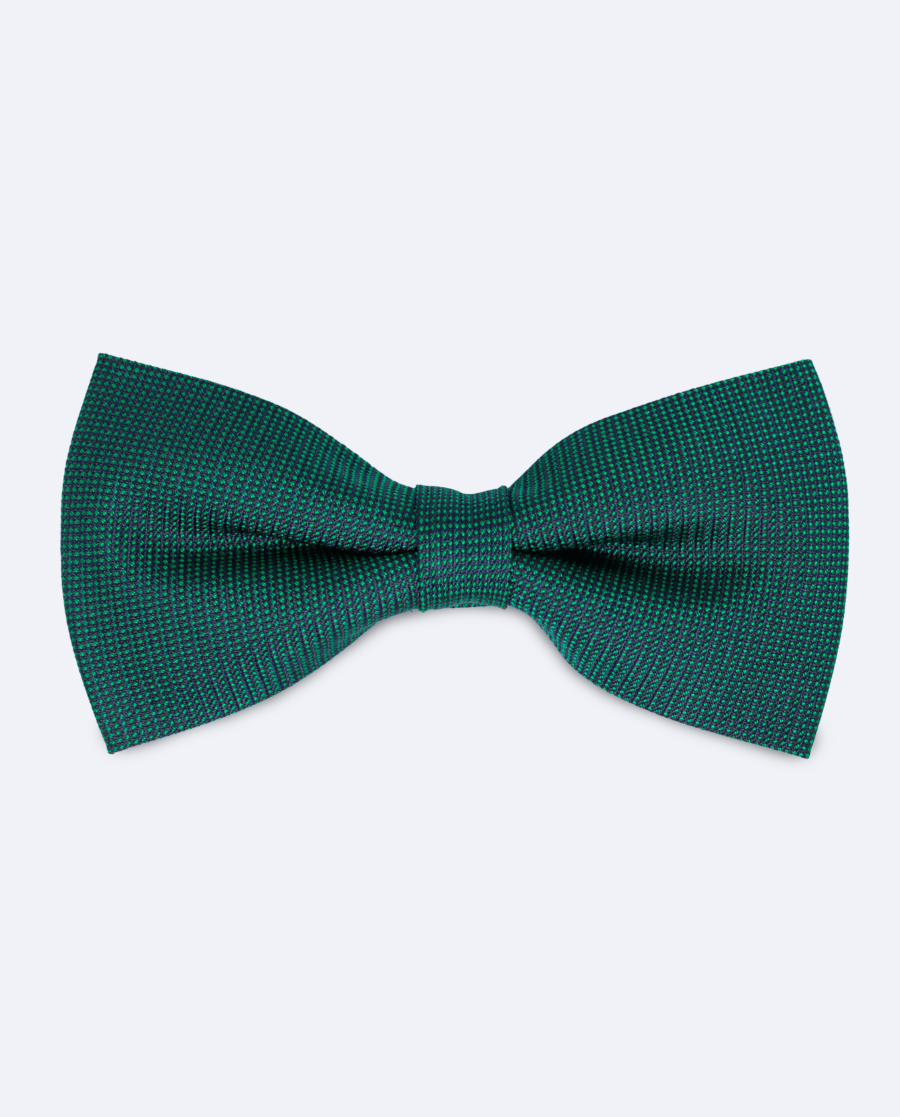 Pajarita de seda azul marino micro lunares verde esmeralda