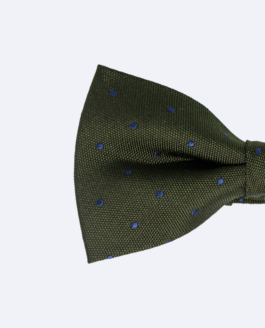 Pajarita de seda verde oliva oscuro lunares azul marino