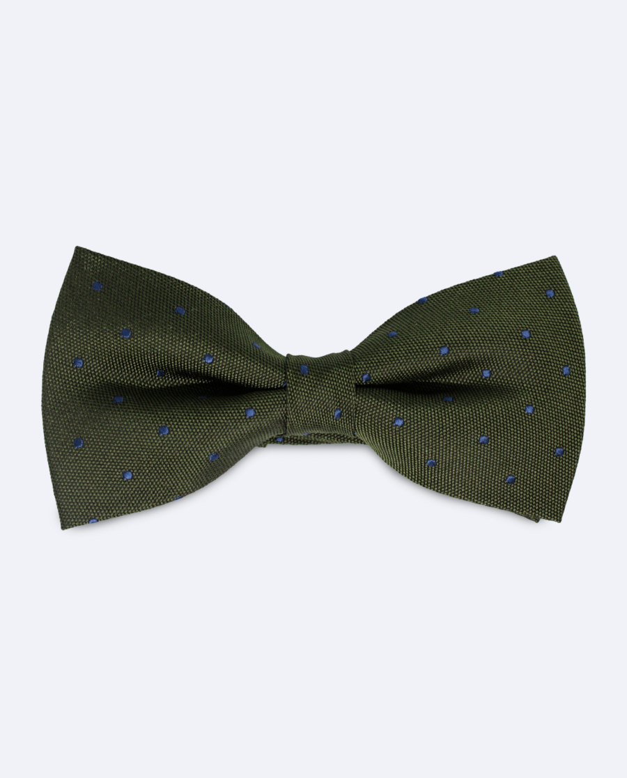 Pajarita de seda verde oliva oscuro lunares azul marino
