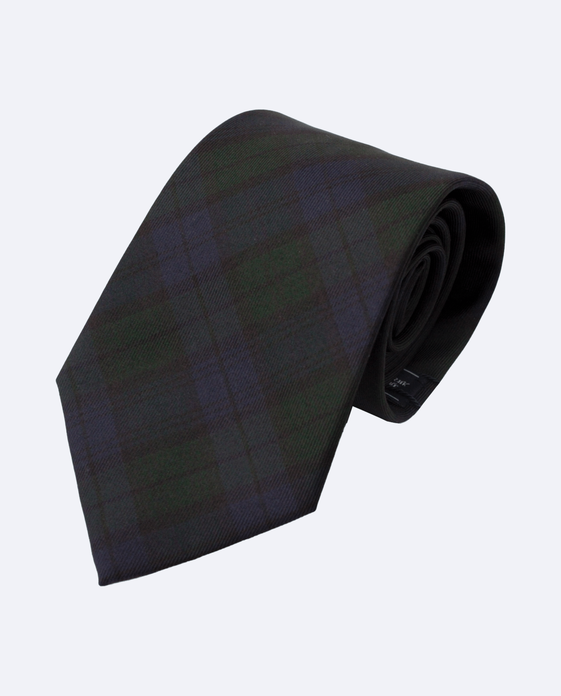 Corbata verde oscuro con diseño de cuadros escoceses azul marino. Confeccionado en 100% seda, vista frontal