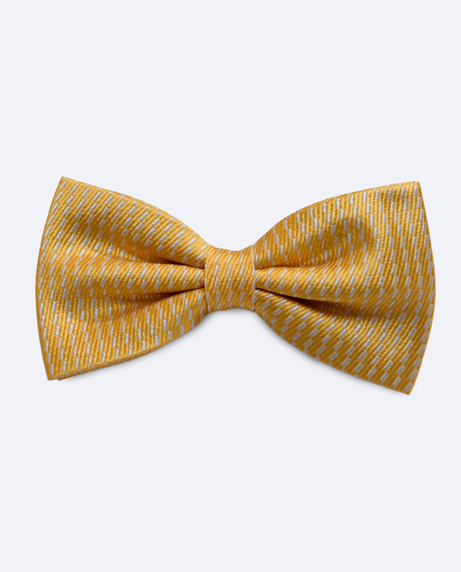 Pajarita amarilla de seda, hecha a mano en diseño de rayas blancas horizontales, vista frontal