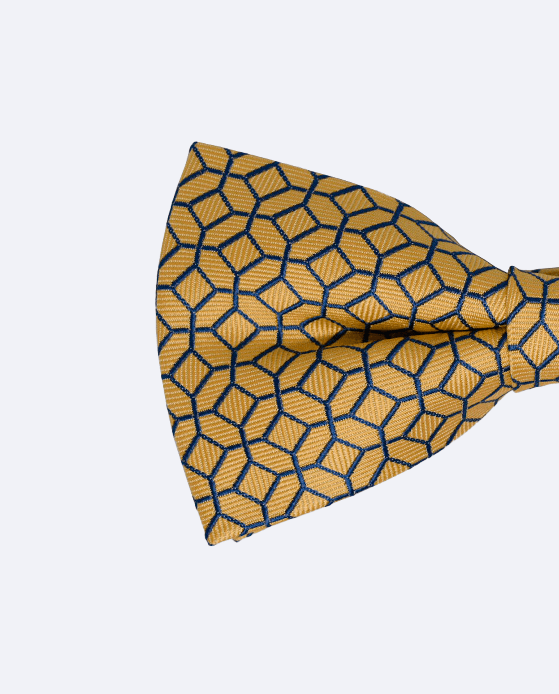 Primer plano del lazo de la pajarita amarilla y azul geométrica de seda jacquard, hecha a mano