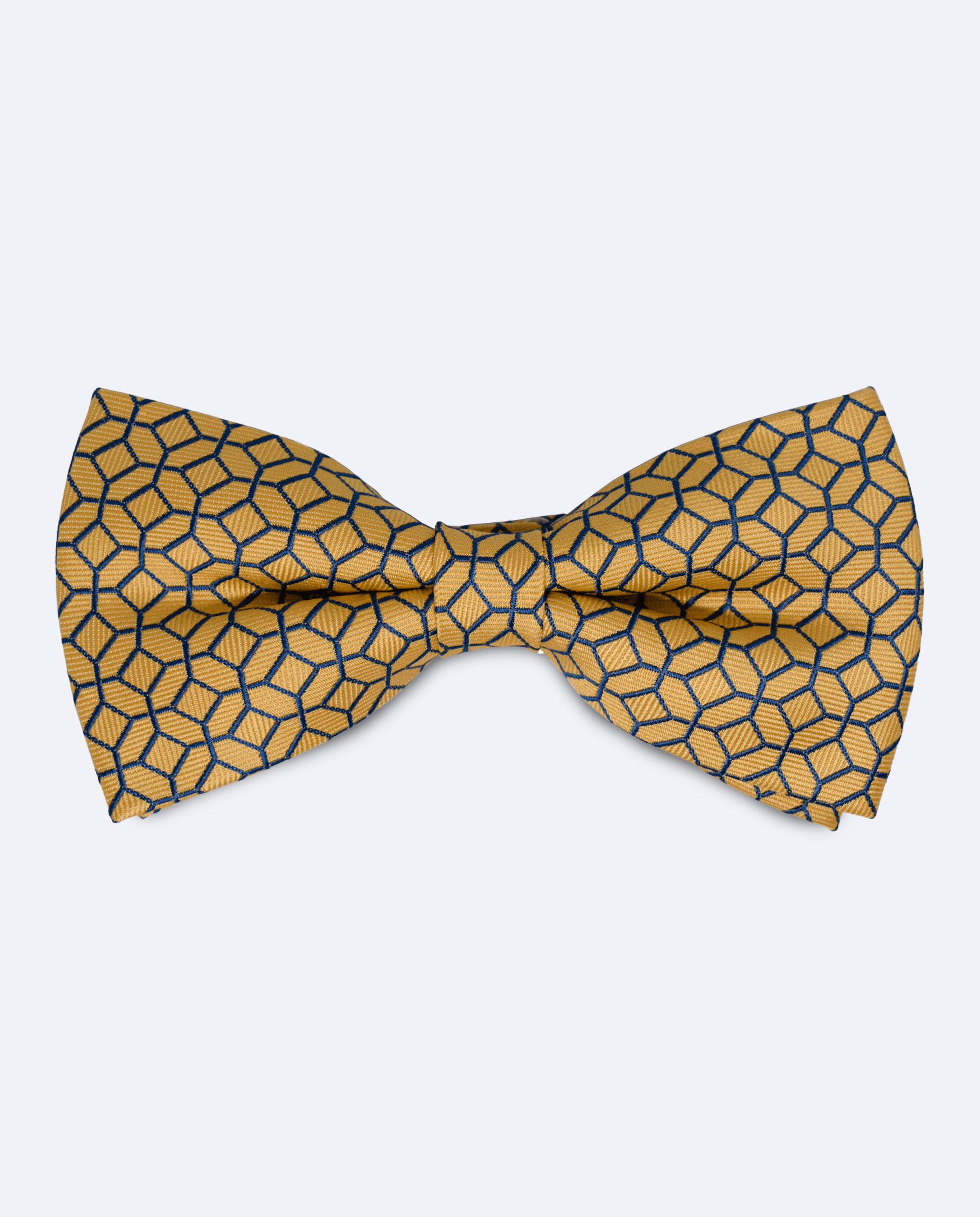Pajarita amarilla y azul de seda jacquard, hecha a mano en diseño geométrico, vista frontal