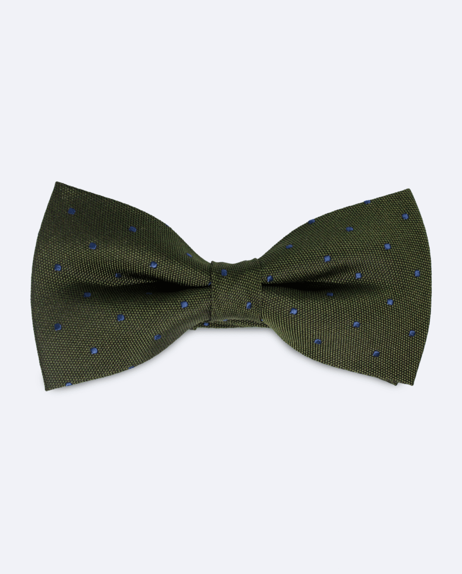 Pajarita verde oliva oscuro lunares azul marino de seda