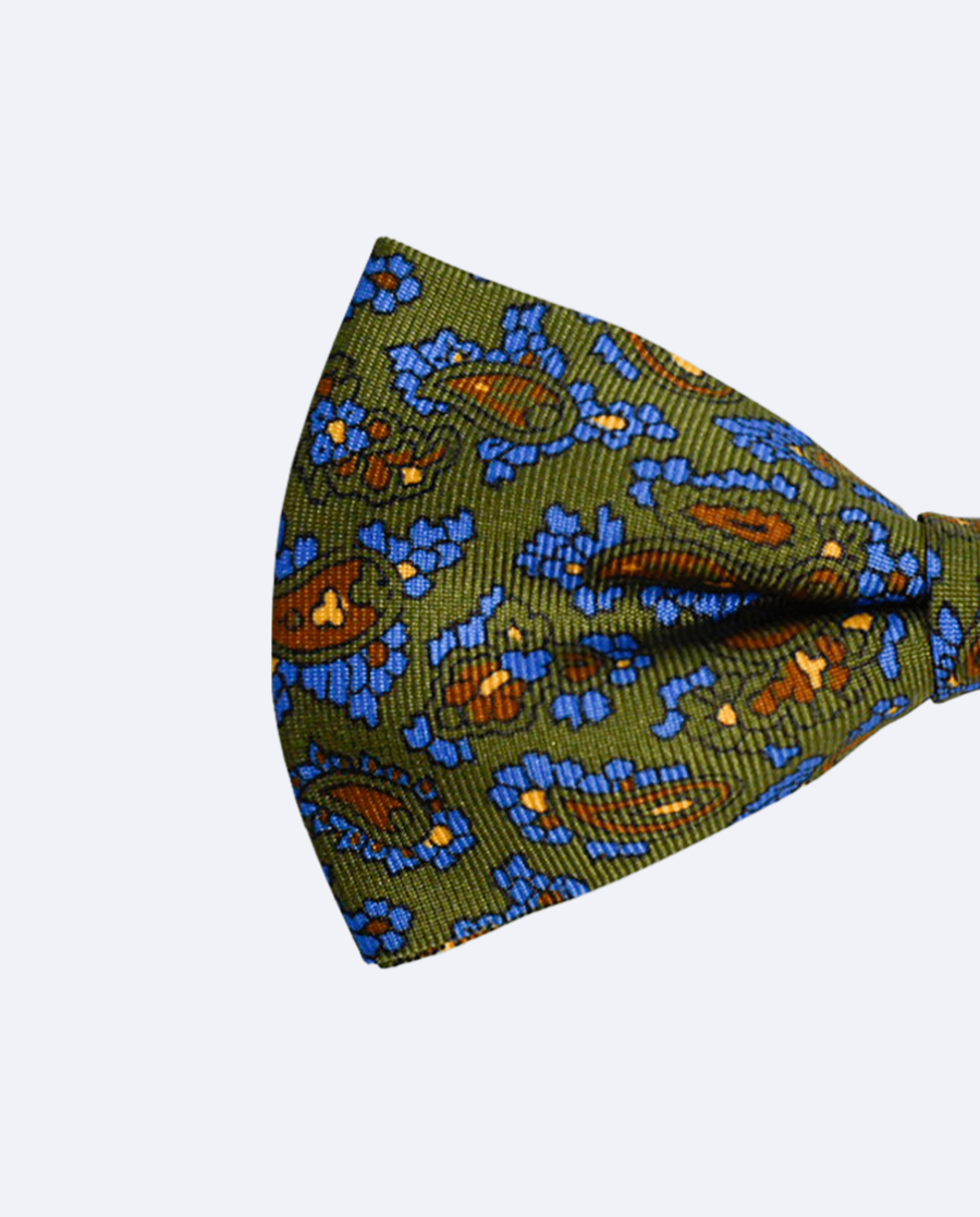 Pajarita verde oliva con paisley azul de seda