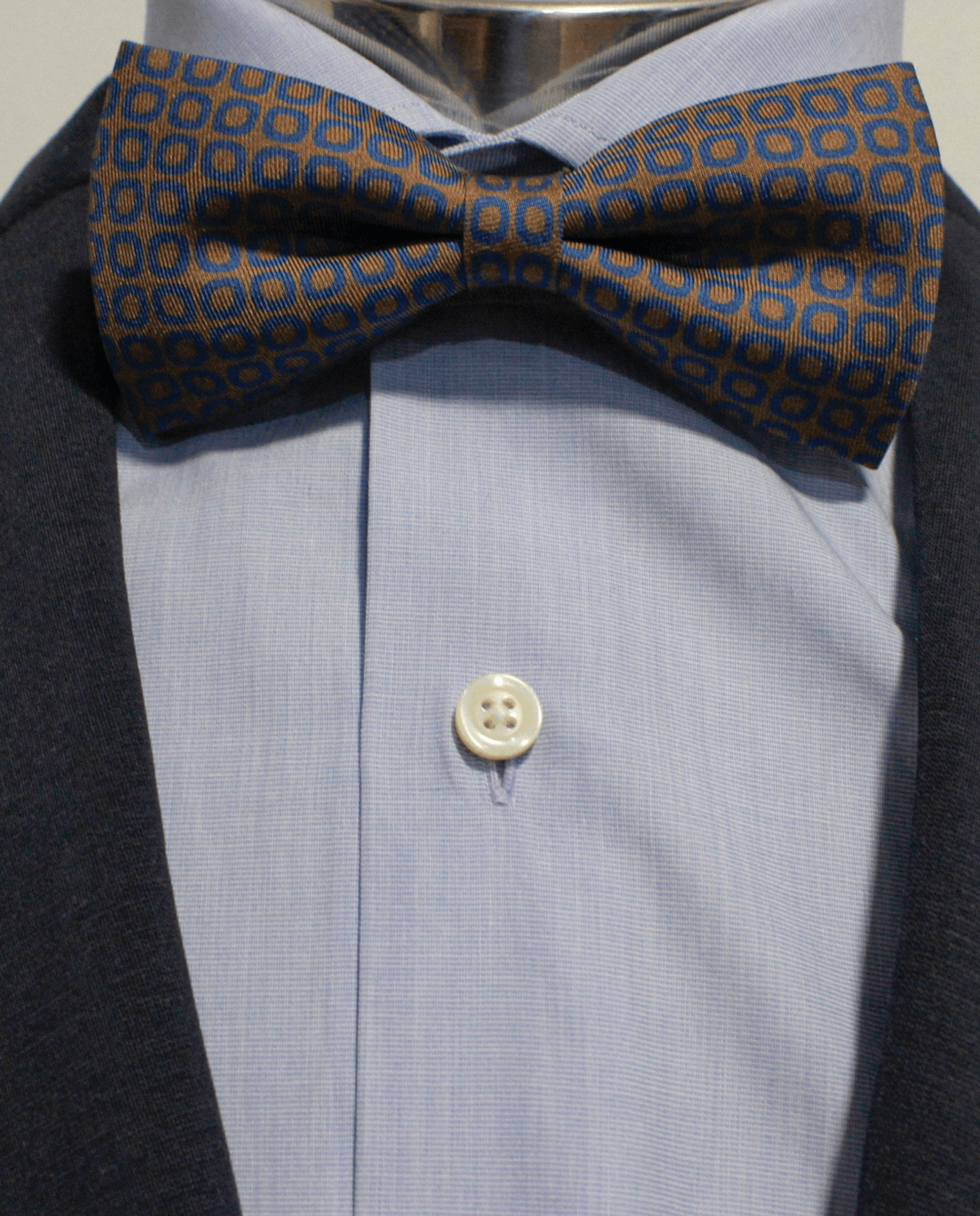 Vista con maniquí de pajarita marrón con diseño ovalado en azul cobalto