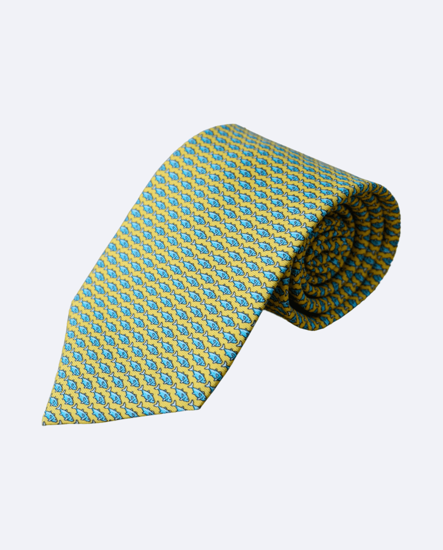 Corbata de seda amarilla y azul con peces