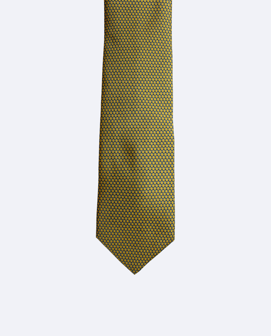 Corbata de seda amarilla y azul marino con diseño geométrico