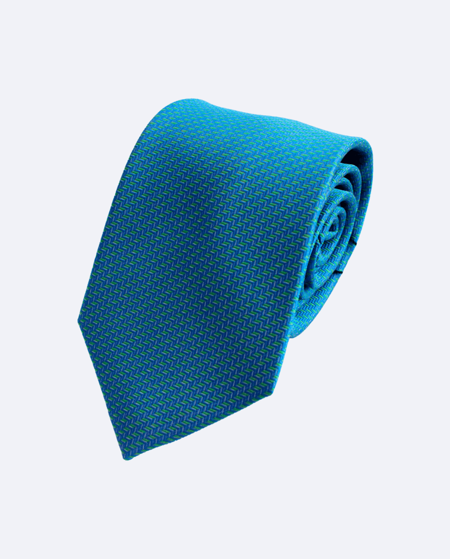 Corbata de seda azul eléctrico y verde lima con diseño chevronne