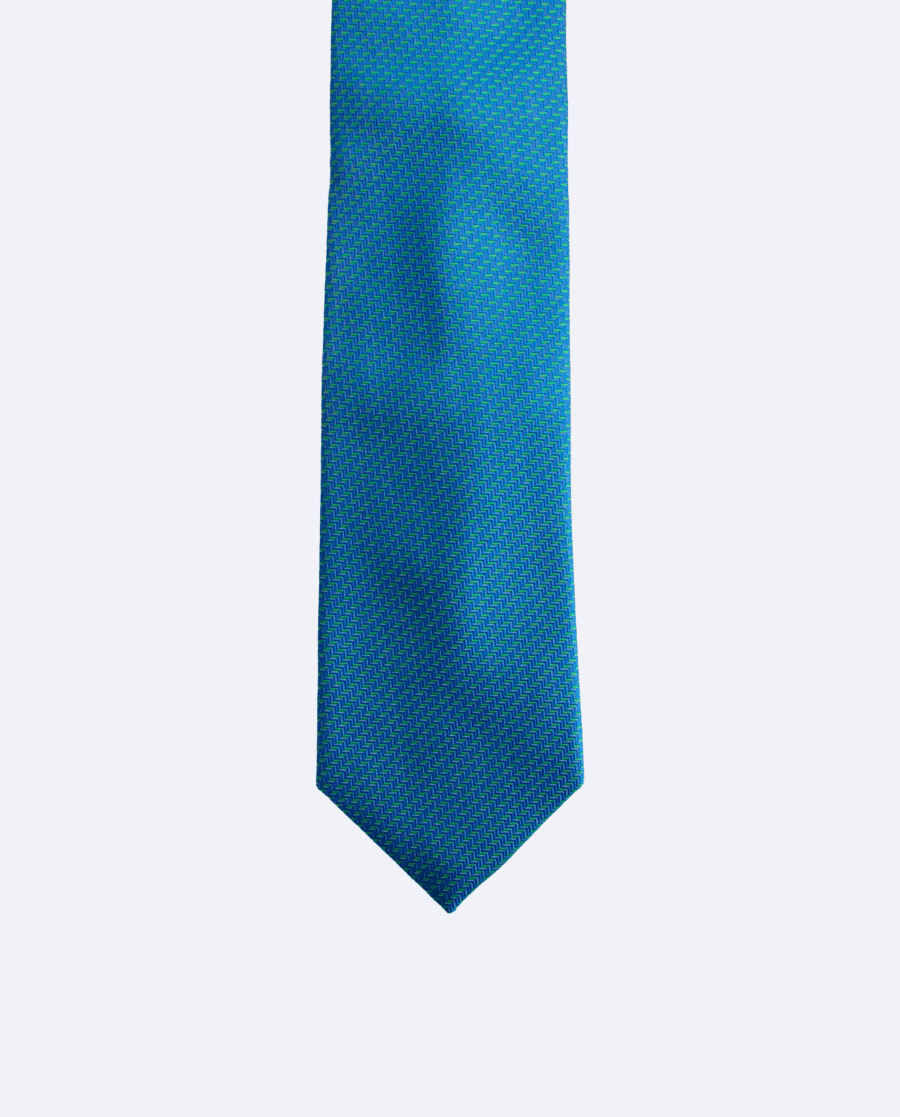 Corbata de seda azul eléctrico y verde lima con diseño chevronne