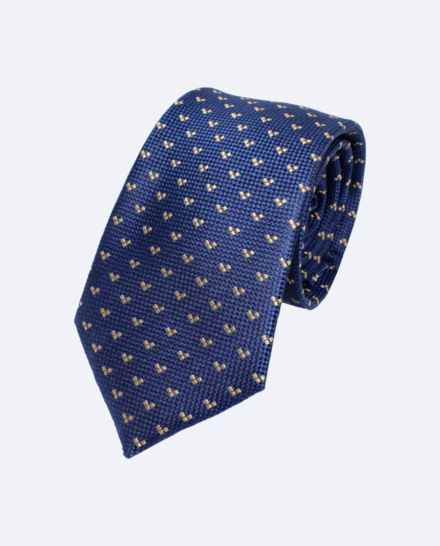 Corbata de seda azul marino con diseño geométrico dorado