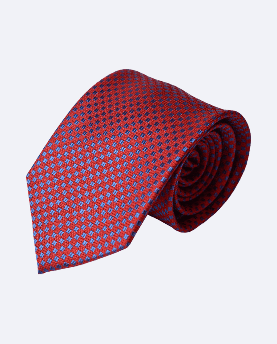 Corbata de seda roja cuadros azul marino