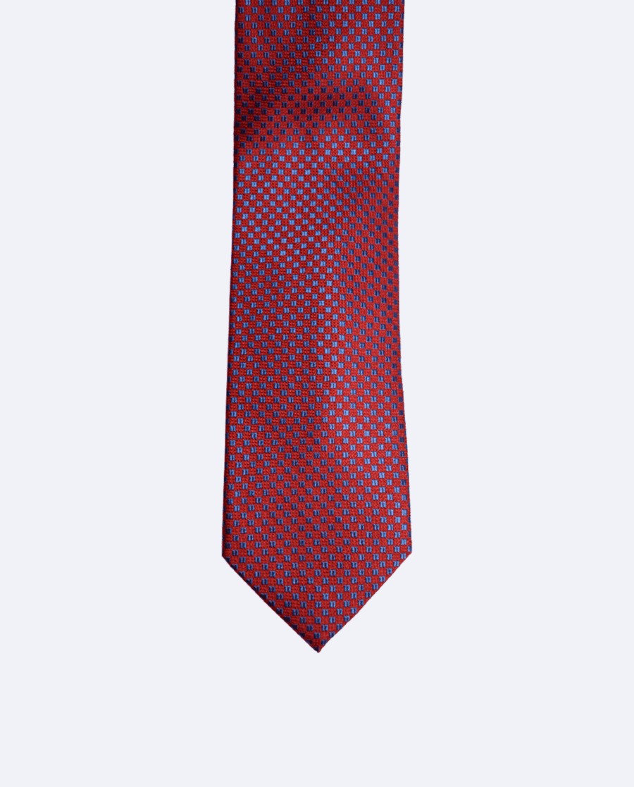Corbata de seda roja cuadros azul marino