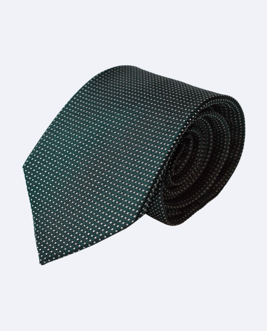 Corbata de seda verde botella con lunares blancos