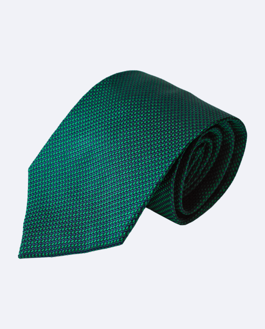 Corbata de seda verde esmeralda y azul con diseño geométrico