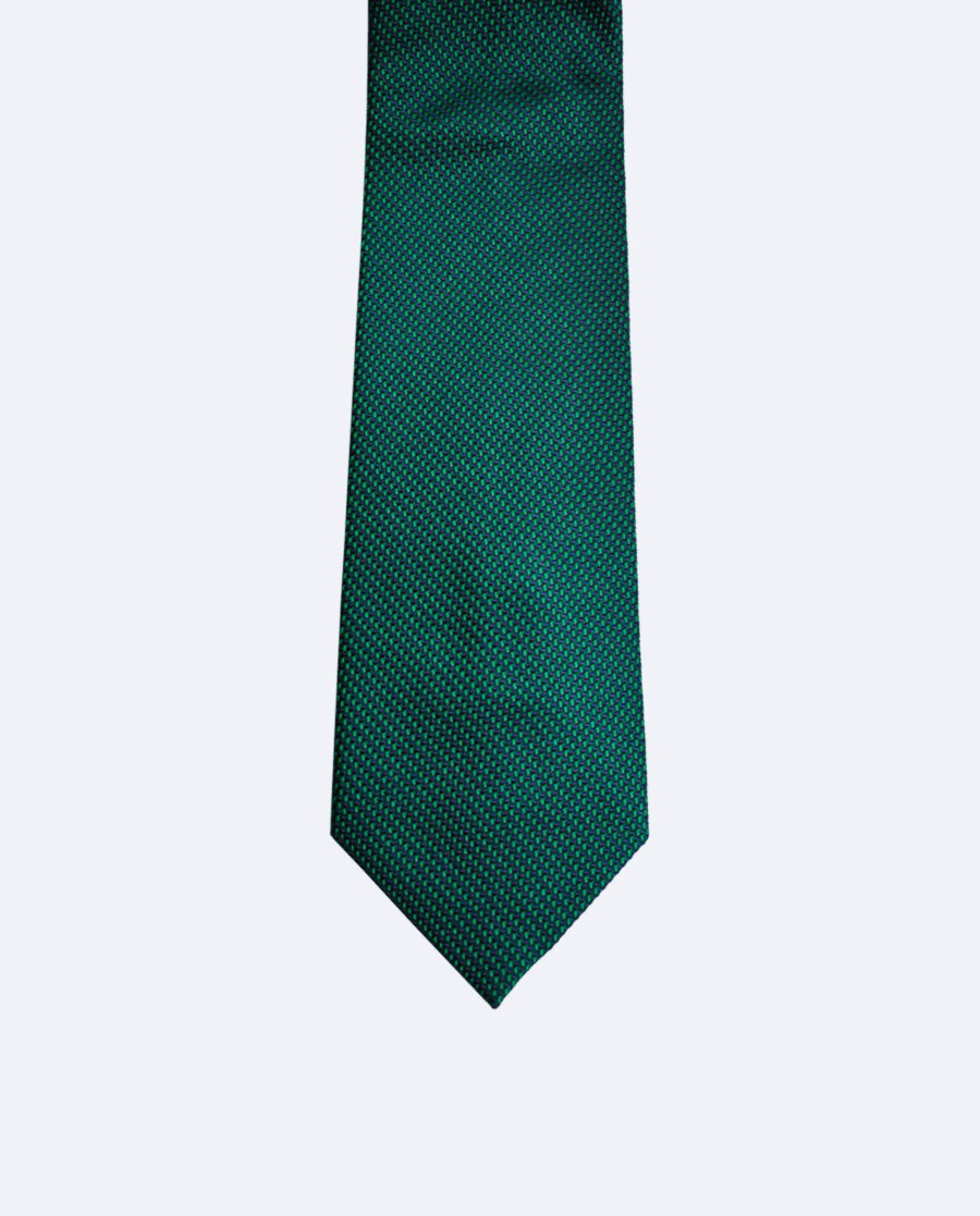 Corbata de seda verde esmeralda y azul con diseño geométrico