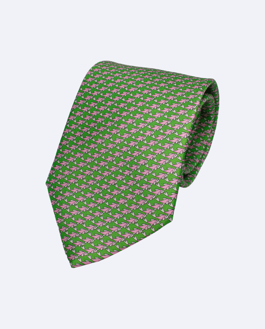 Corbata de seda verde y rosa con peces