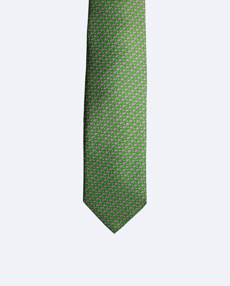 Corbata de seda verde y rosa con peces