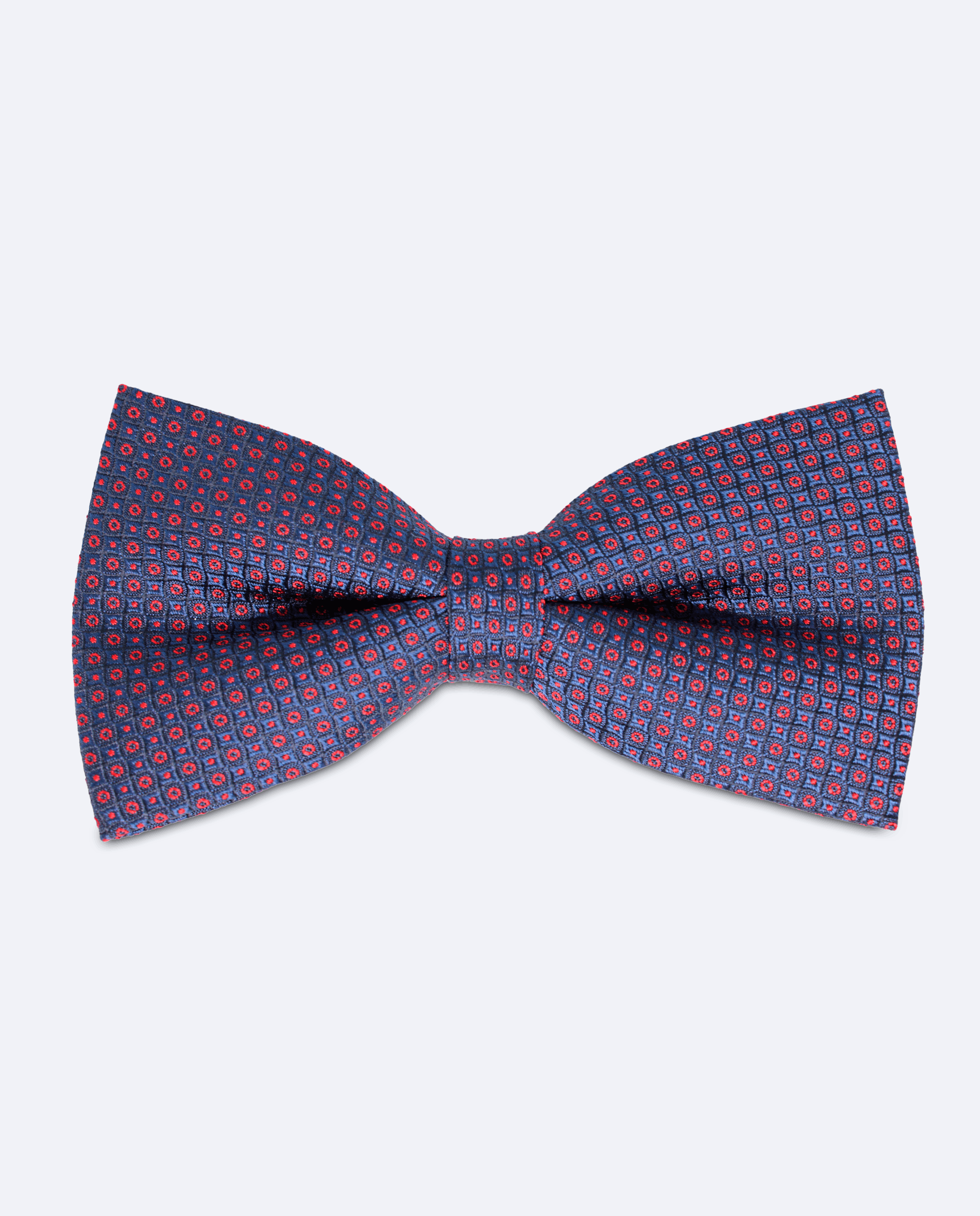 Pajarita azul marino con micropuntos rojos, hecha a mano en 100% seda italiana, vista frontal