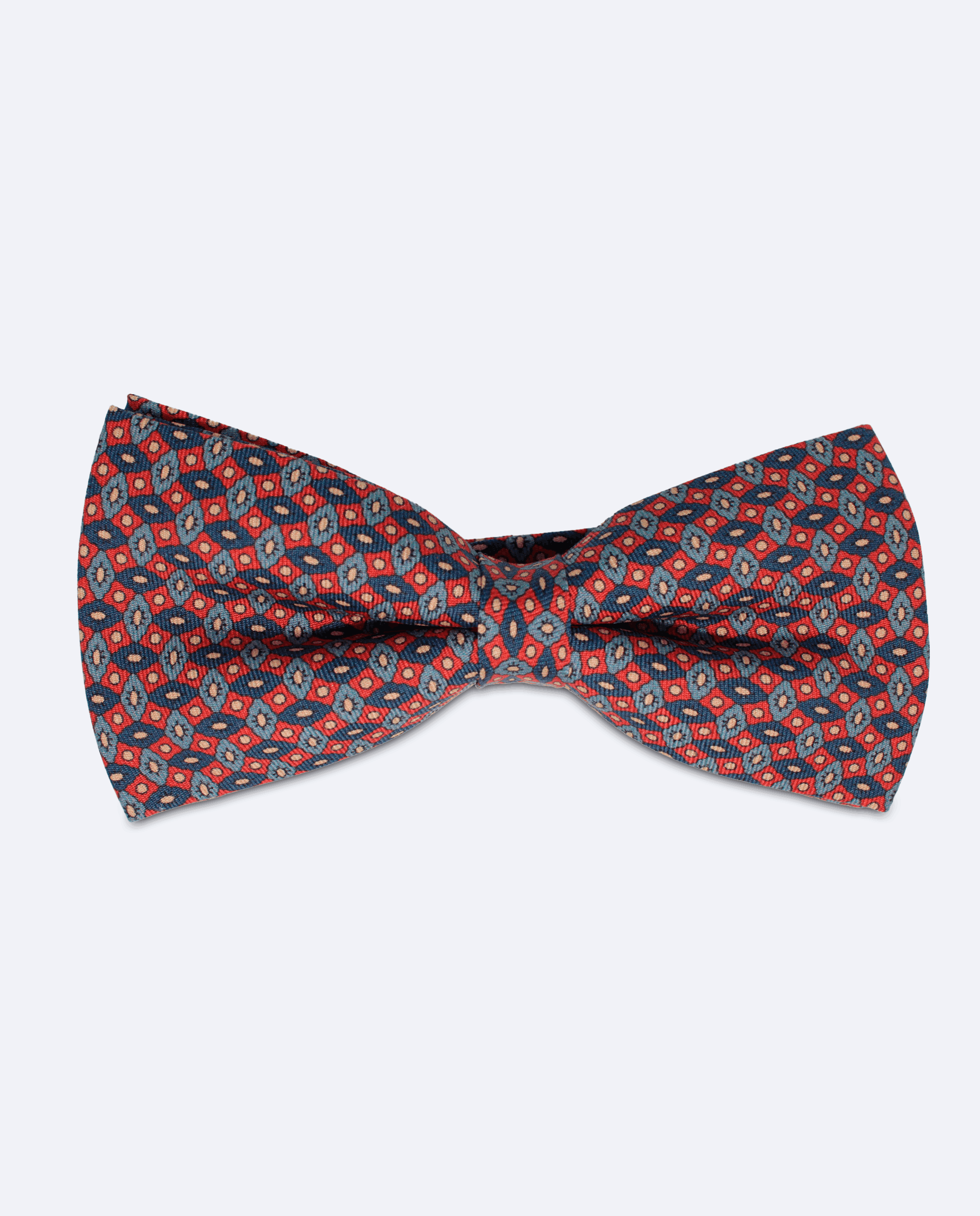 Pajarita azul y rojo con mosaico geométrico, hecha a mano en 100% seda italiana, vista frontal