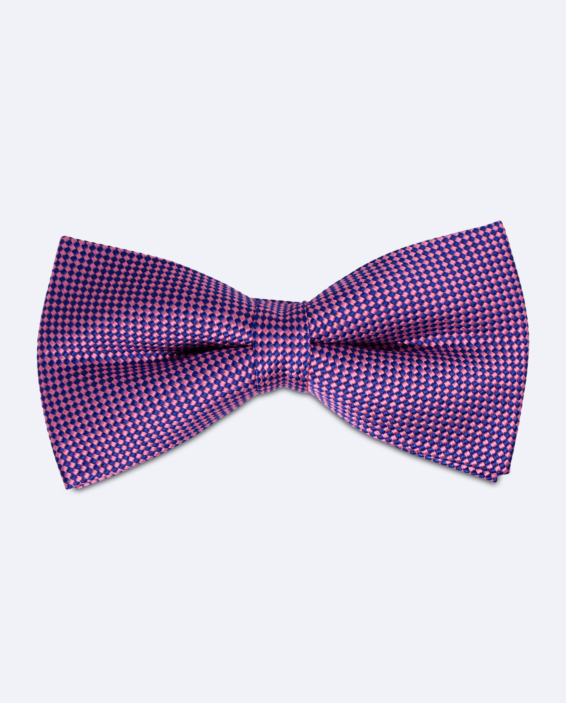 Pajarita rosa y azul marino con microcuadros, hecha a mano en 100% seda italiana jacuqard, vista frontal