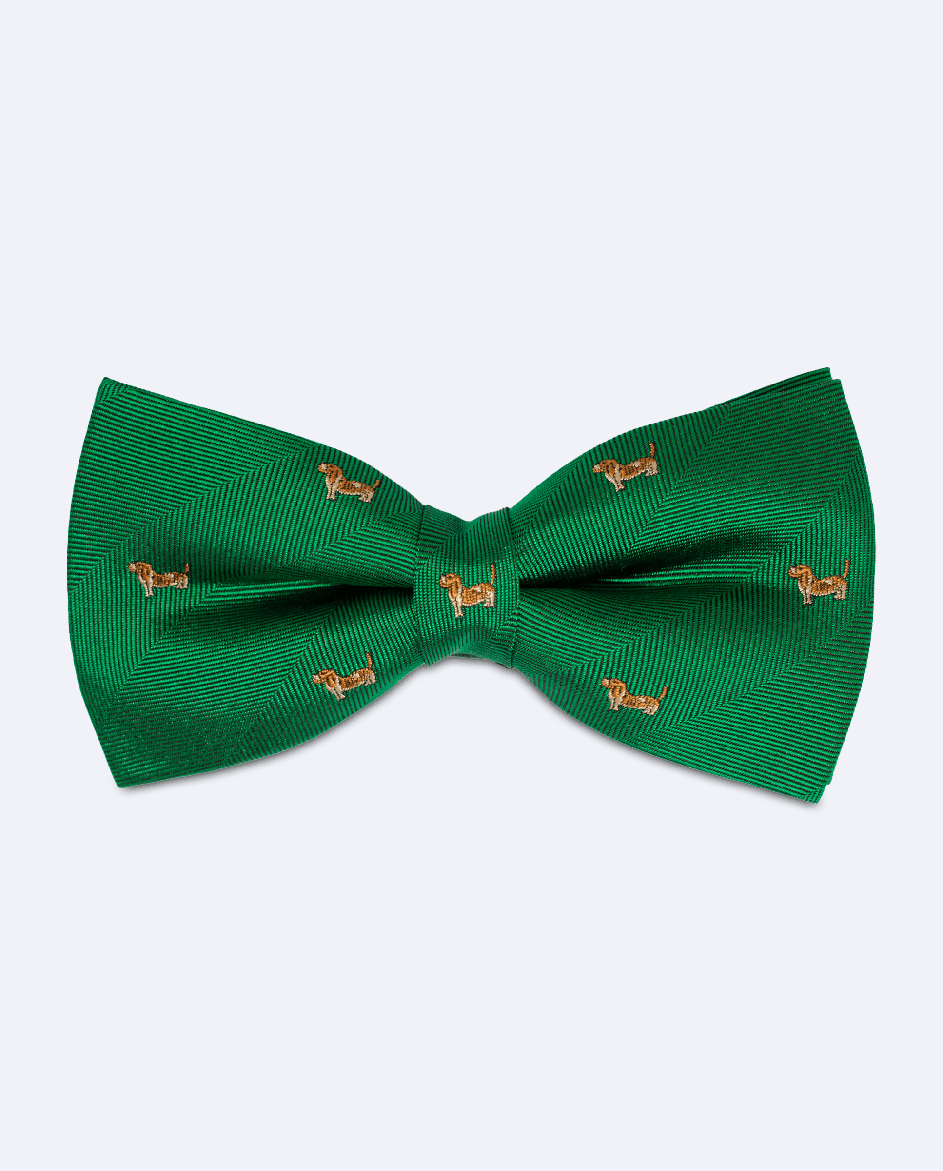 Pajarita verde esmeralda con diseño espiga de perros, hecha a mano en 100% seda italiana, vista frontal