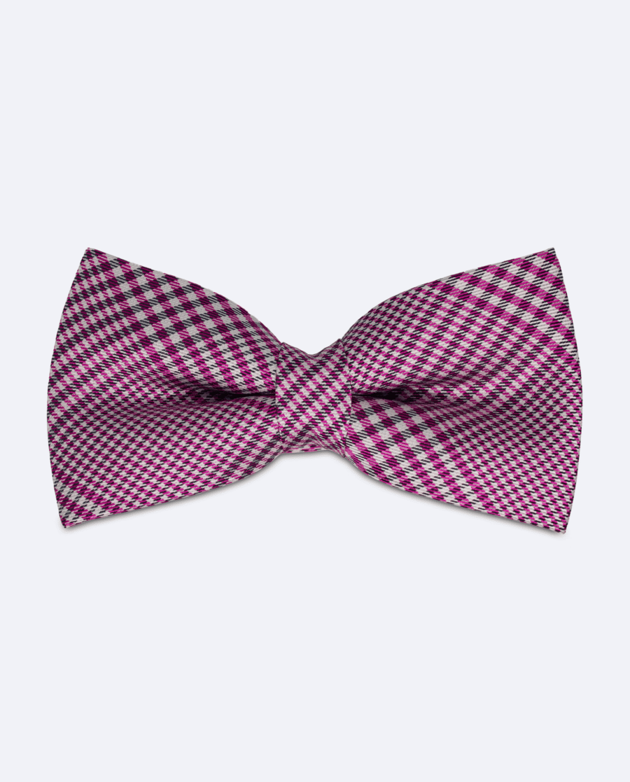 Set pajarita príncipe de Gales morado y pañuelo cuadros rojos
