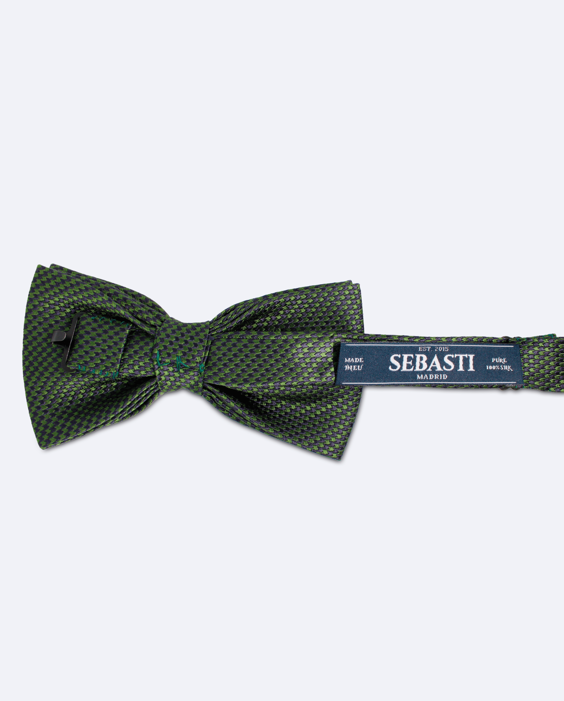 Pajarita verde césped con micro pata de gallo azul oscuro de seda, vista trasera con el estampado completo