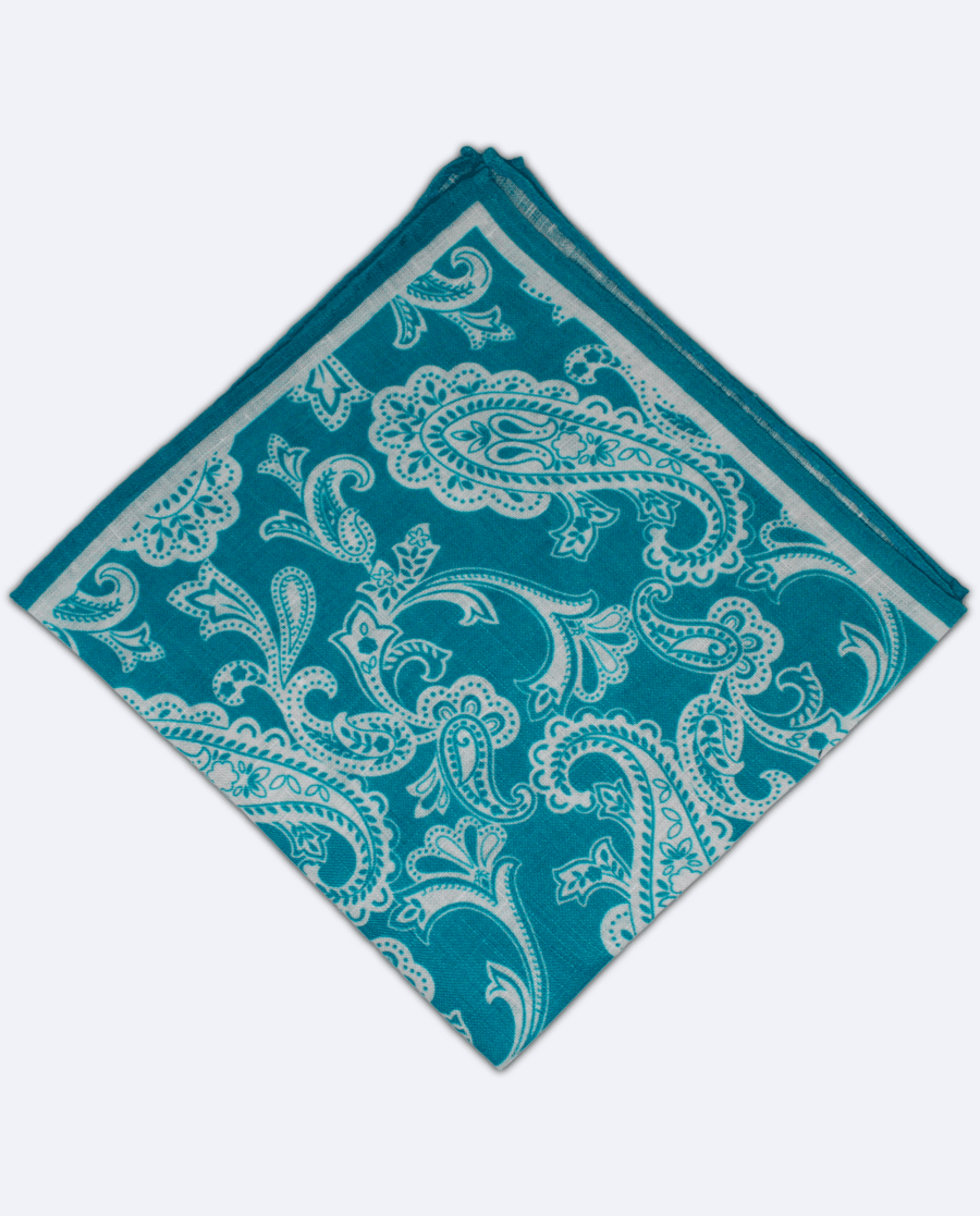 Pañuelo de bolsillo azul cian con cachemir blanco