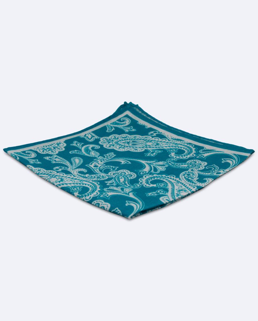 Pañuelo de bolsillo azul cian con cachemir blanco