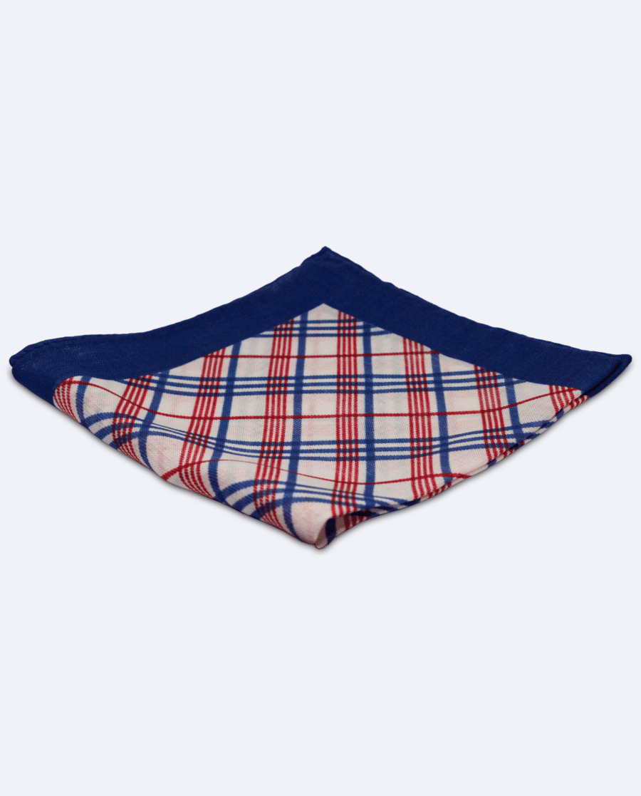 Pañuelo de bolsillo azul marino con cuadros rojos