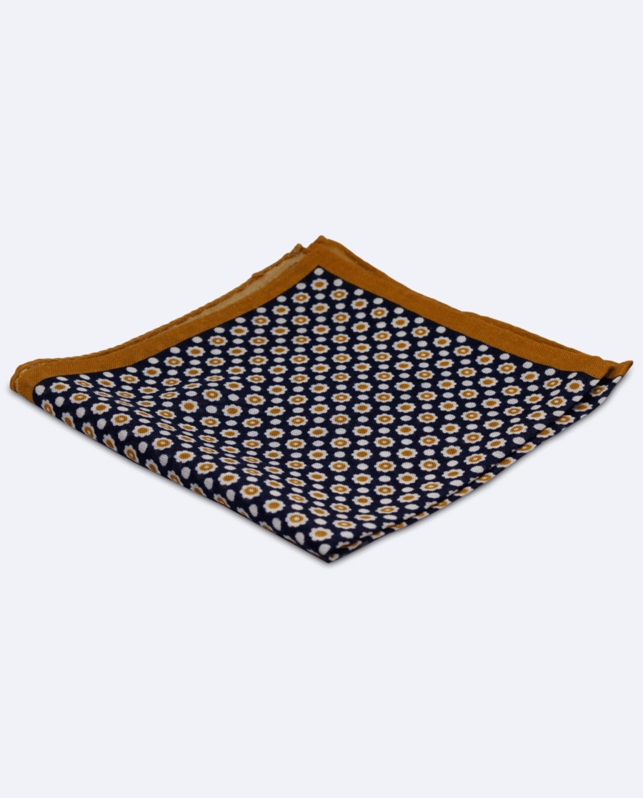 Pañuelo de bolsillo azul marino con flores doradas