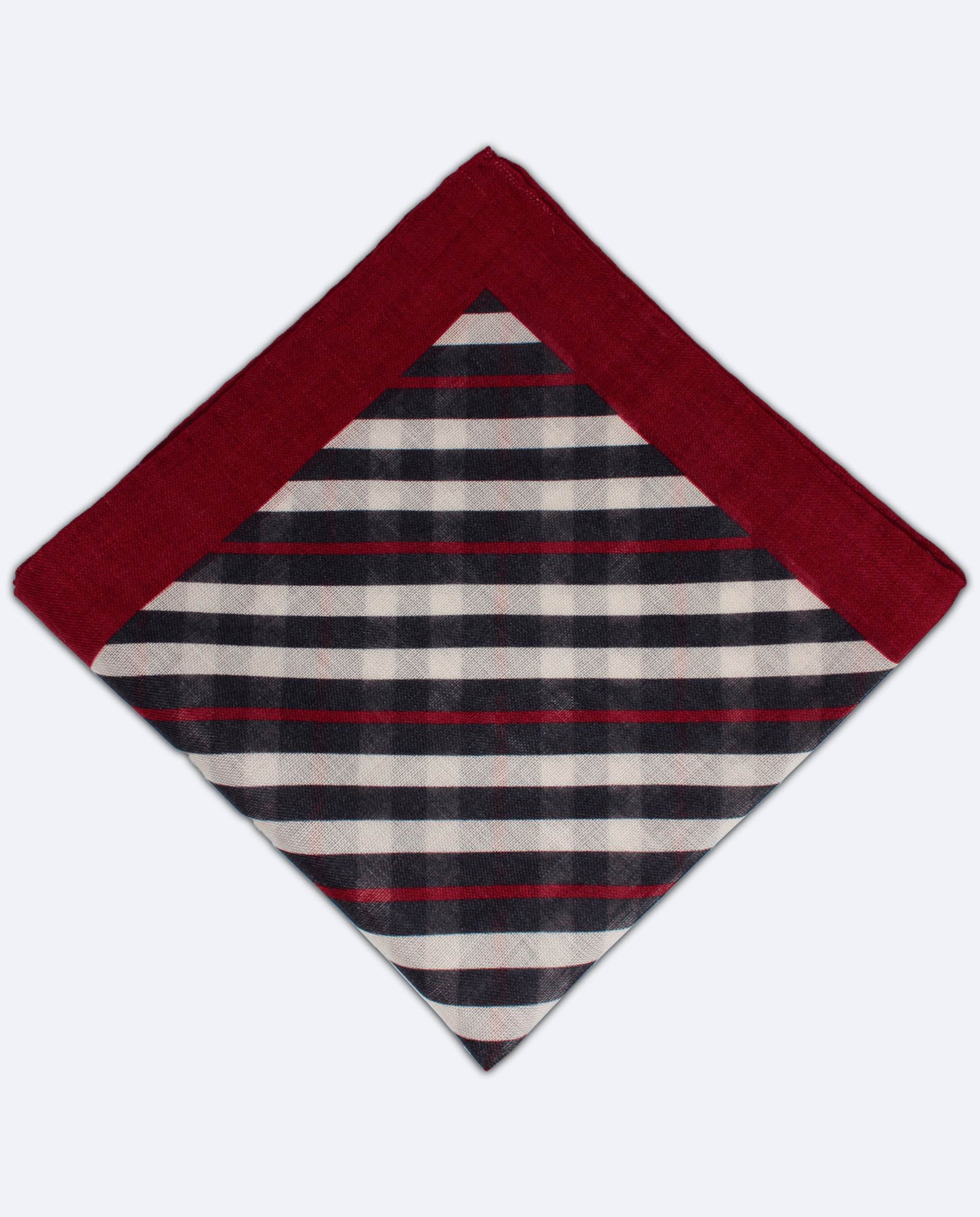 Pañuelo de bolsillo blanco con rayas negras y burdeos, vista superior, detalle del estampado completo