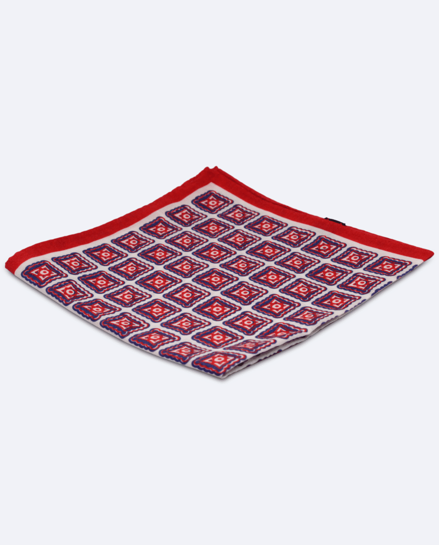 Pañuelo de bolsillo blanco con rombos rojos y azules
