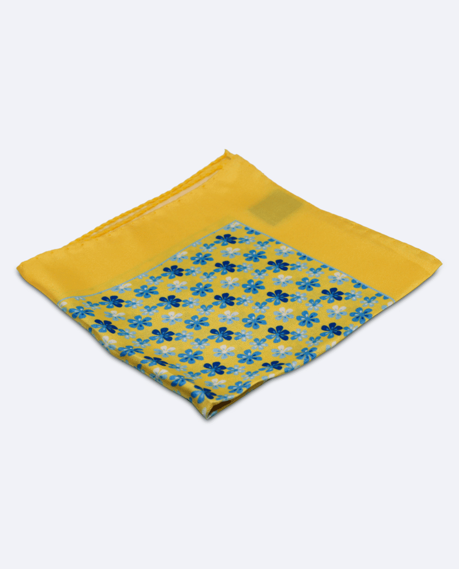 Pañuelo de bolsillo de seda amarillo con diseño de flores azules
