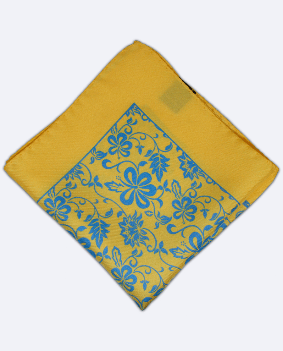Pañuelo de bolsillo de seda amarillo con flores azules