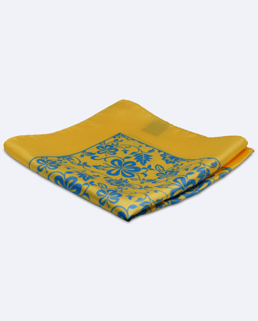 Pañuelo de bolsillo de seda amarillo con flores azules