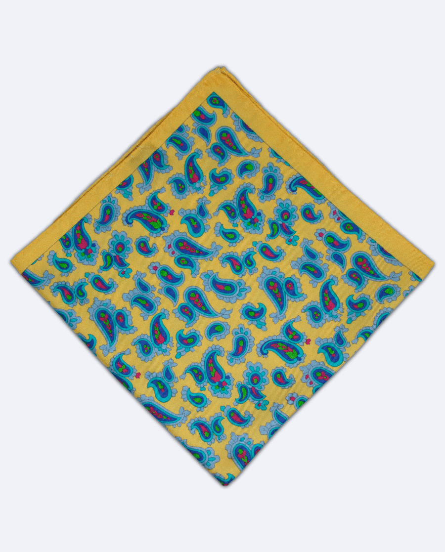 Pañuelo de bolsillo de seda amarillo con paisley multicolor