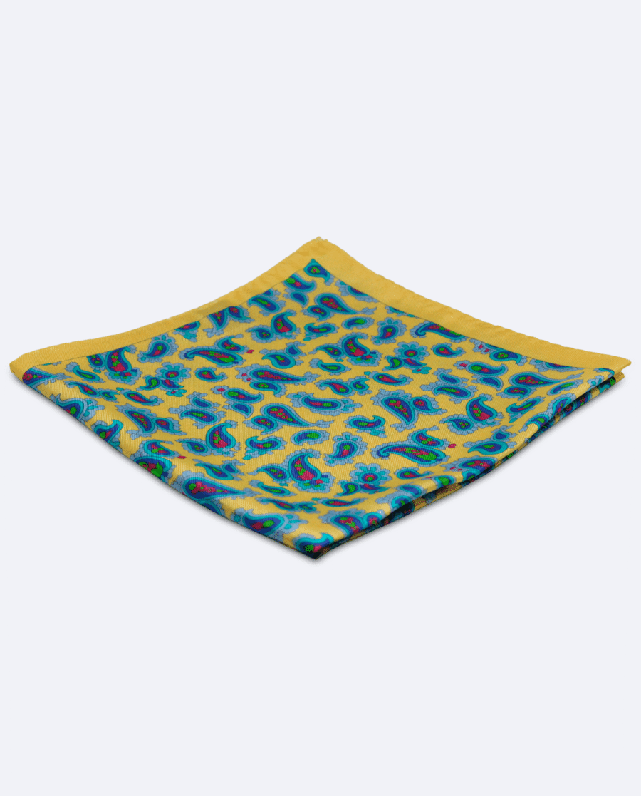 Pañuelo de bolsillo de seda amarillo con paisley multicolor