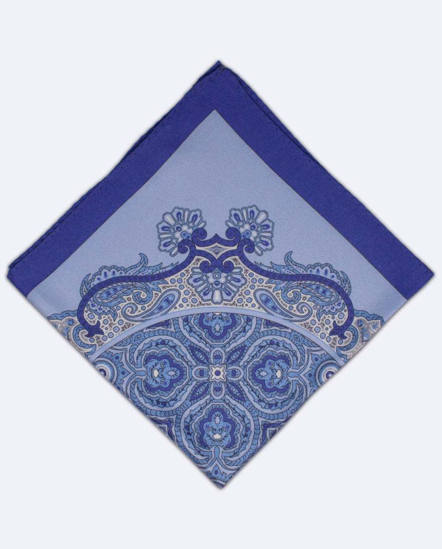 Pañuelo de bolsillo de seda azul eléctrico con cachemir azul claro