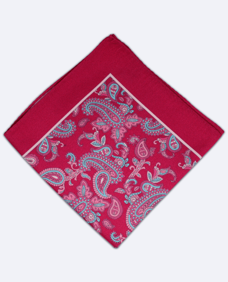Pañuelo de bolsillo de seda fucsia con paisley azul cielo