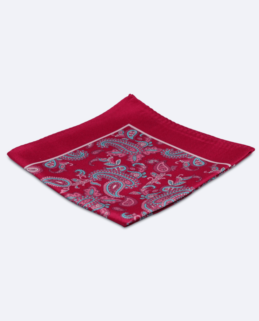 Pañuelo de bolsillo de seda fucsia con paisley azul cielo